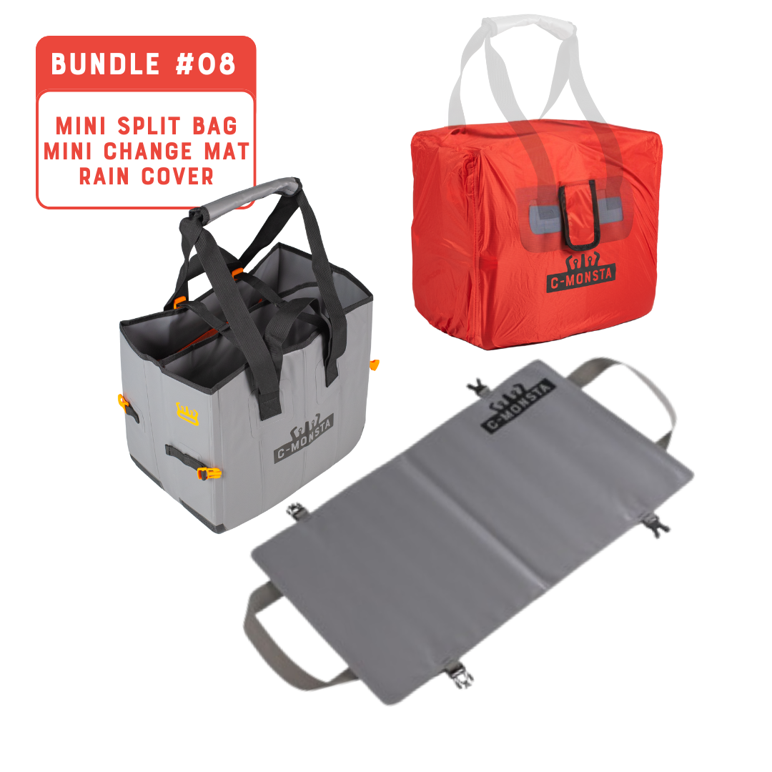 C-Monsta Mini Split Bag, Mini Changing Mat and Red Rain Cover Bundle – full product set on white background