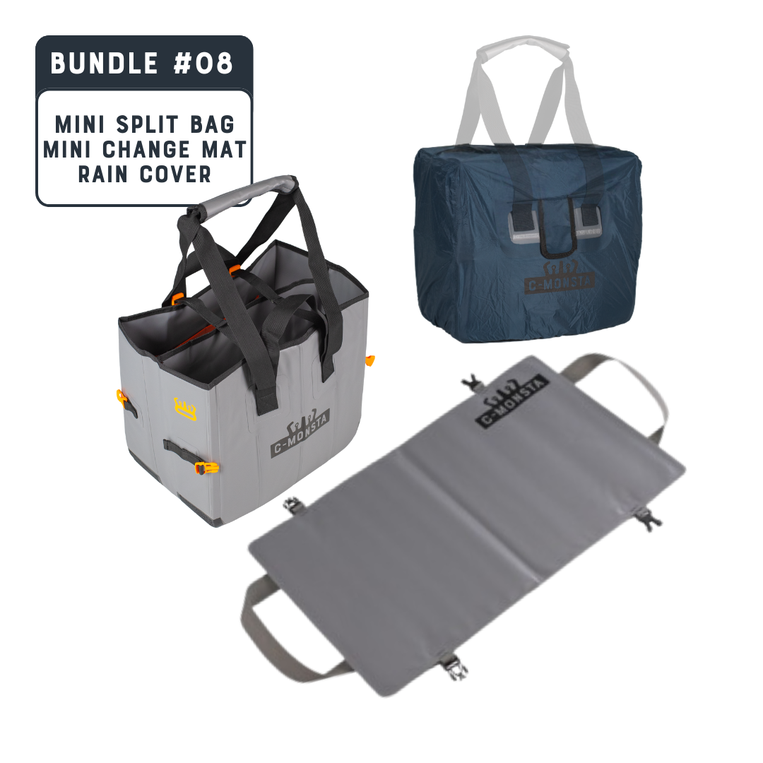 C-Monsta Mini Split Bag, Mini Changing Mat and Storm Blue Rain Cover Bundle – full product set on white background