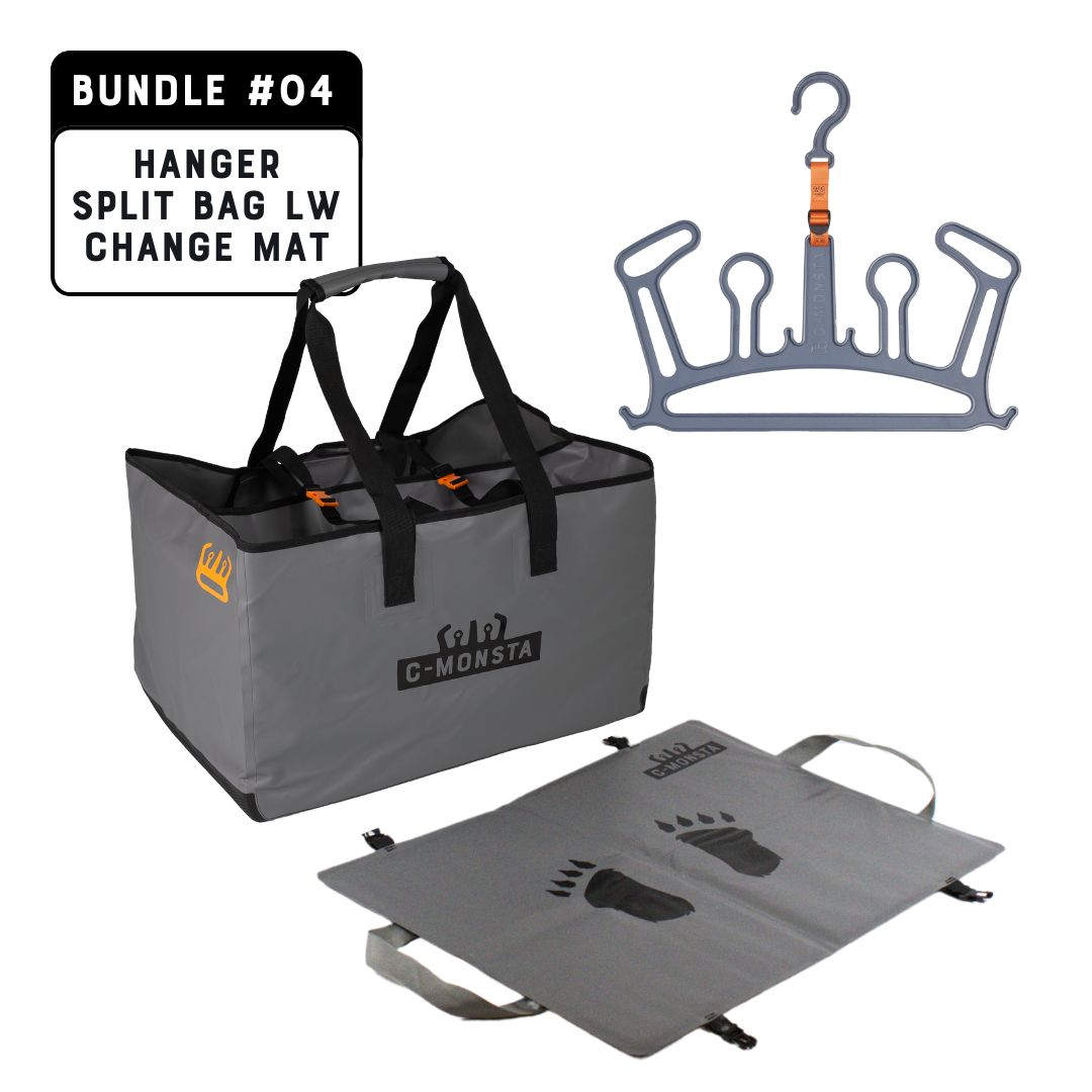 C-Monsta Lightweight Split Bag, Grey Wetsuit Hanger and Changing Mat Bundle – full product set on white background