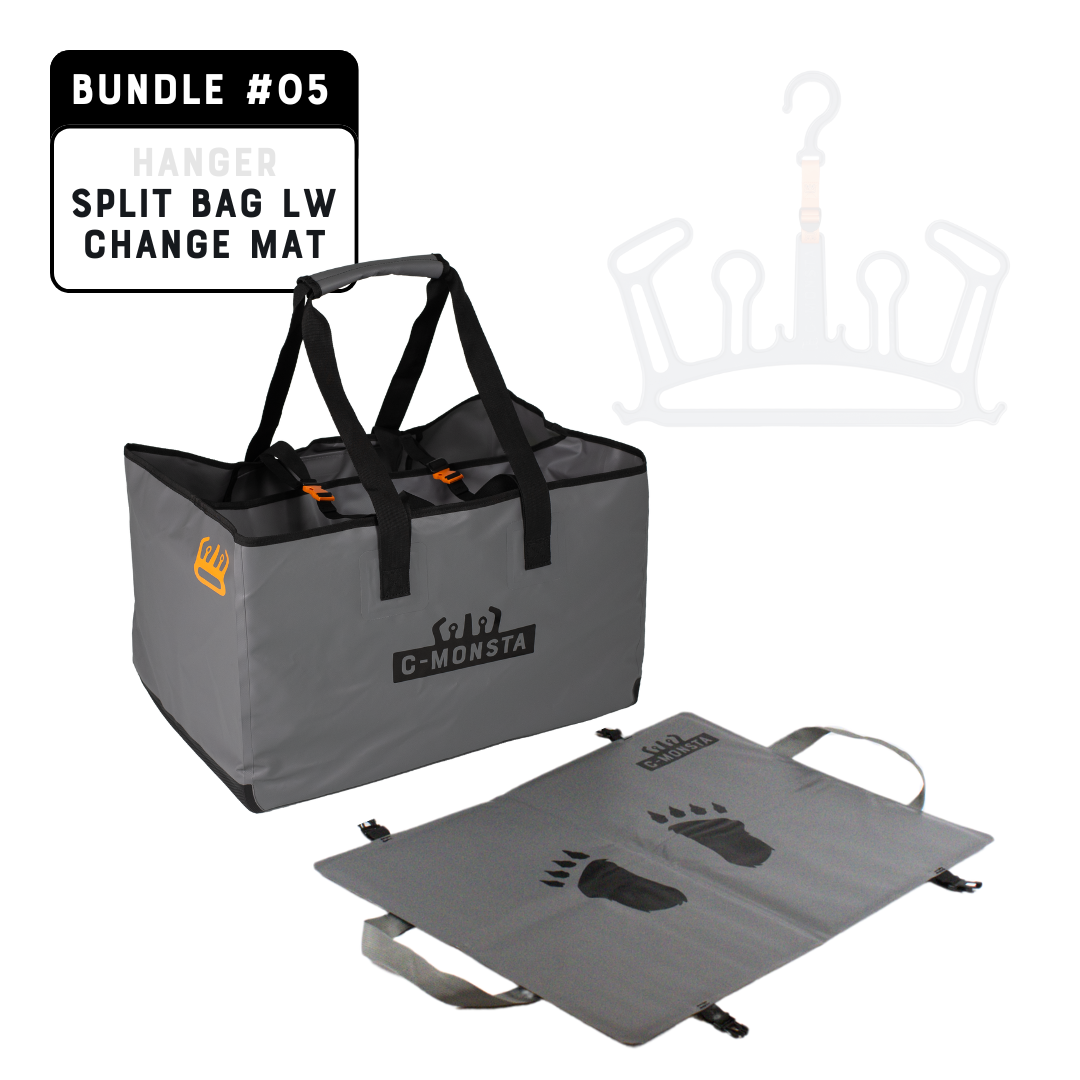C-Monsta Lightweight Split Bag, Grey Wetsuit Hanger and Changing Mat Bundle – full product set on white background