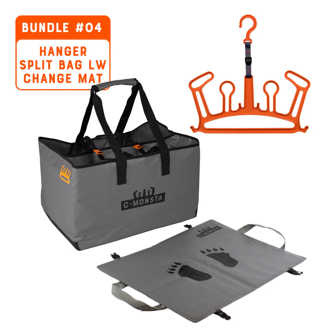C-Monsta Lightweight Split Bag, Orange Wetsuit Hanger and Changing Mat Bundle – full product set on white background