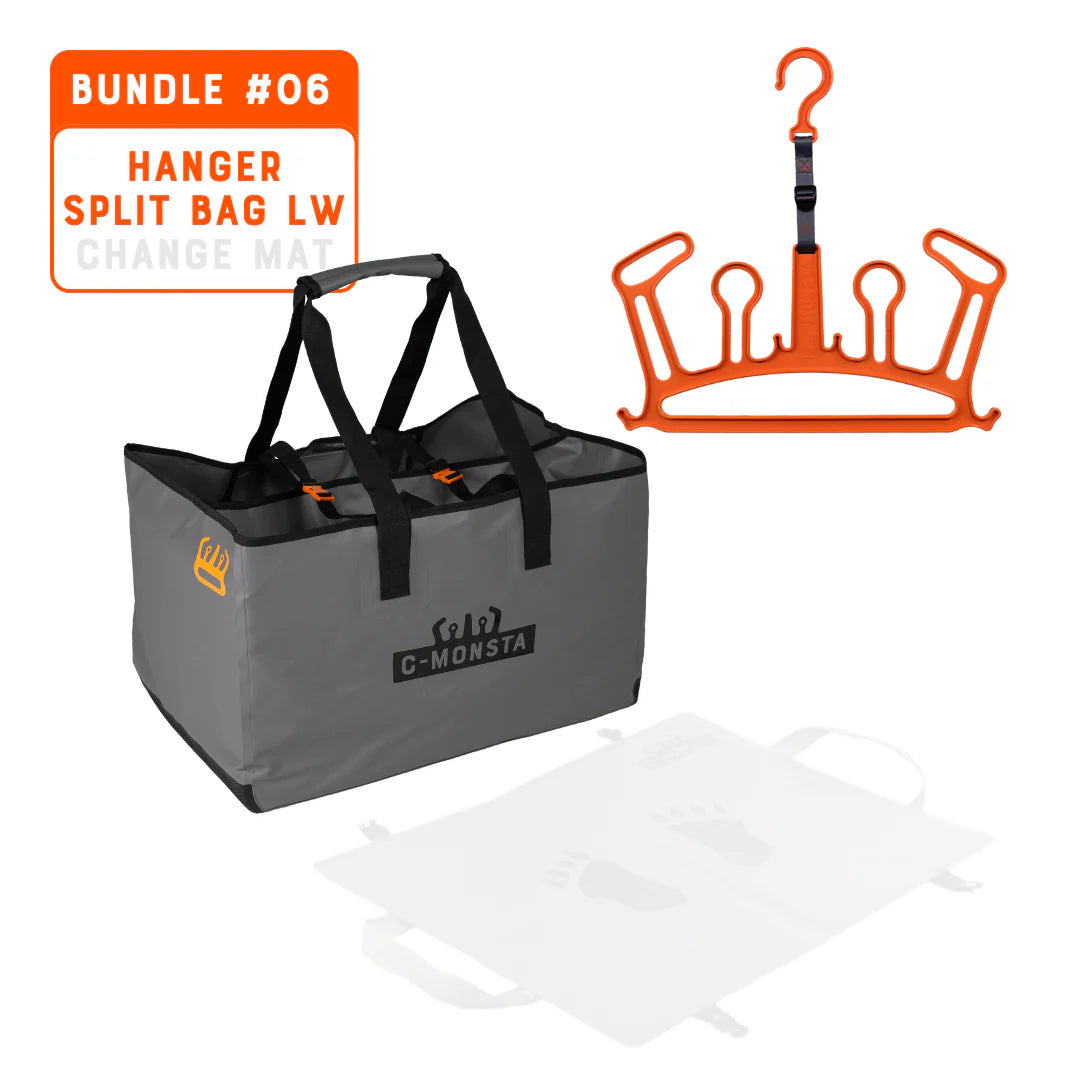 C-Monsta Lightweight Split Bag and Orange Wetsuit Hanger Bundle – full product set on white background