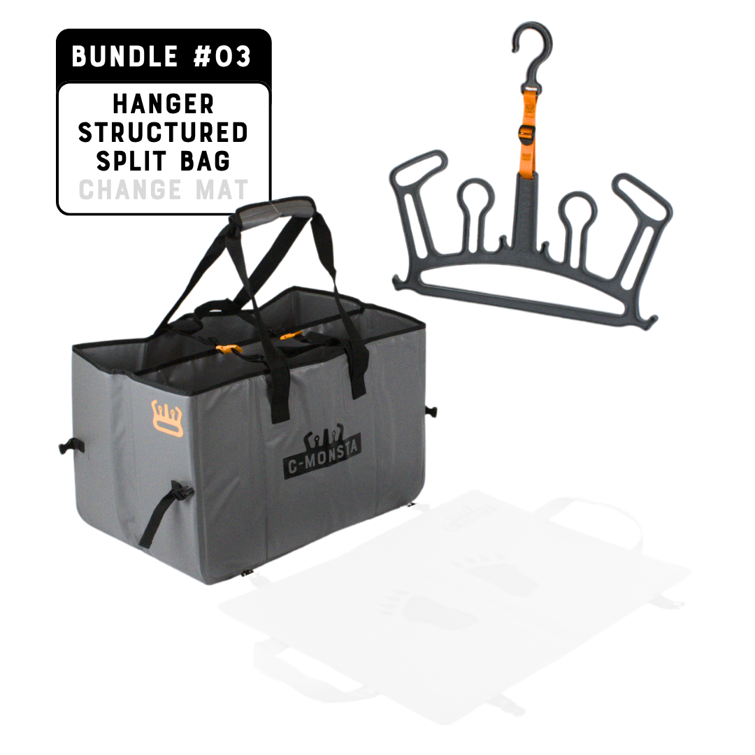 C-Monsta Split Bag and Grey Structured Wetsuit Hanger Bundle – full product set on white background