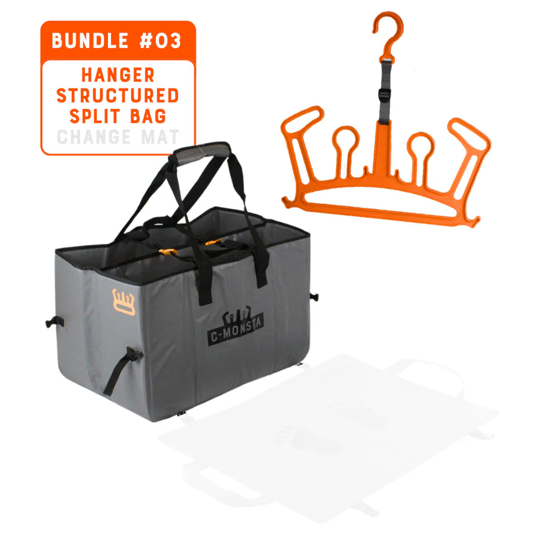 C-Monsta Split Bag and Orange Structured Wetsuit Hanger Bundle – full product set on white background