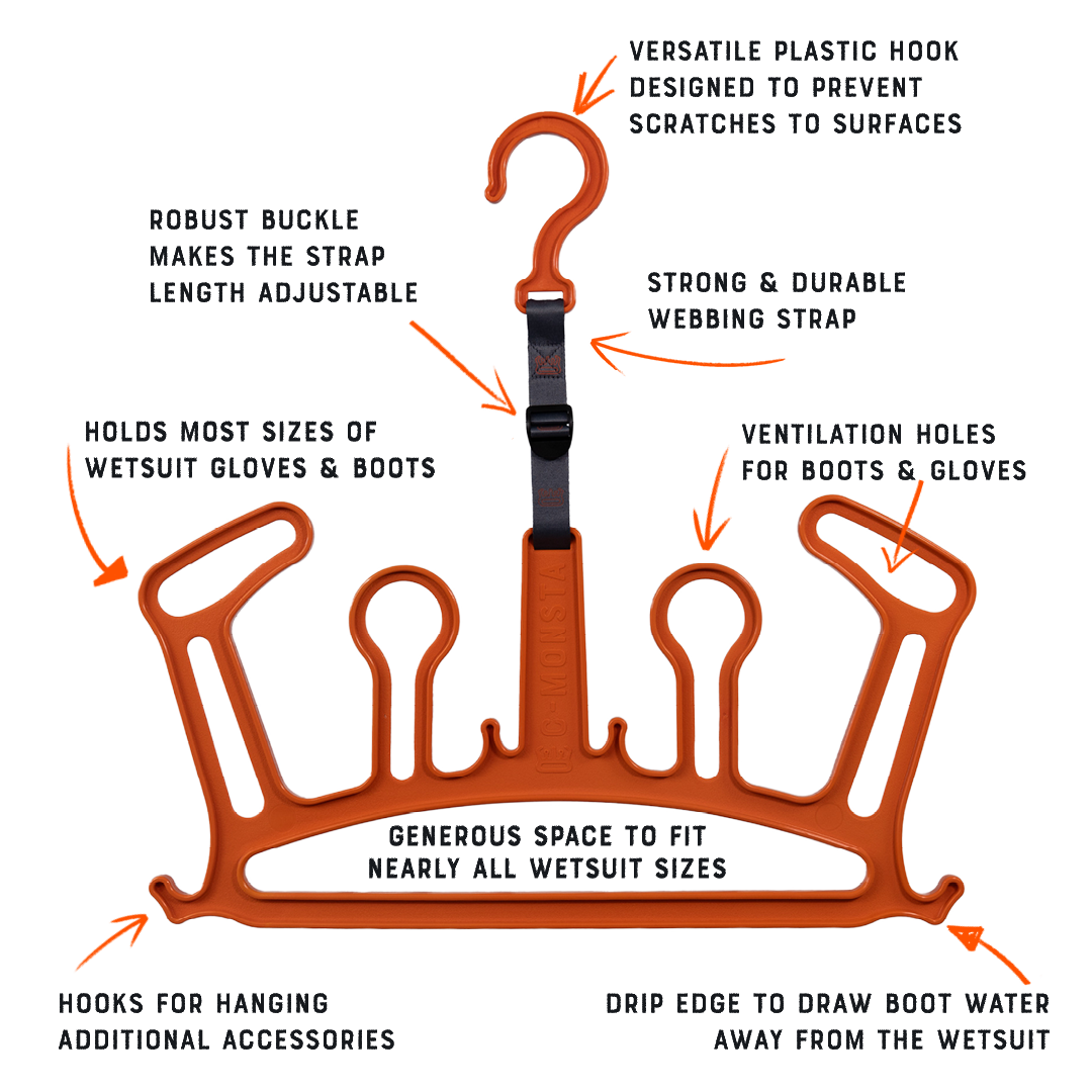 C-Monsta orange wetsuit hanger in use – wetsuit with gloves and boots hanging from van door at the coast