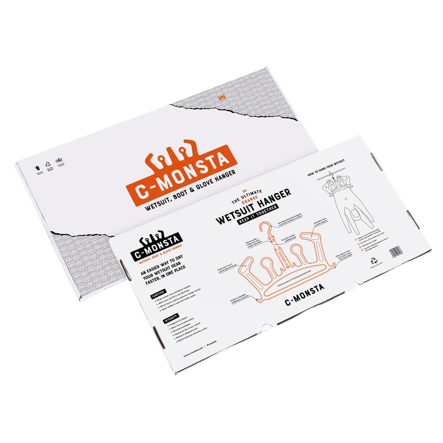 C-Monsta orange structured wetsuit hanger – size guide showing dimensions and weight