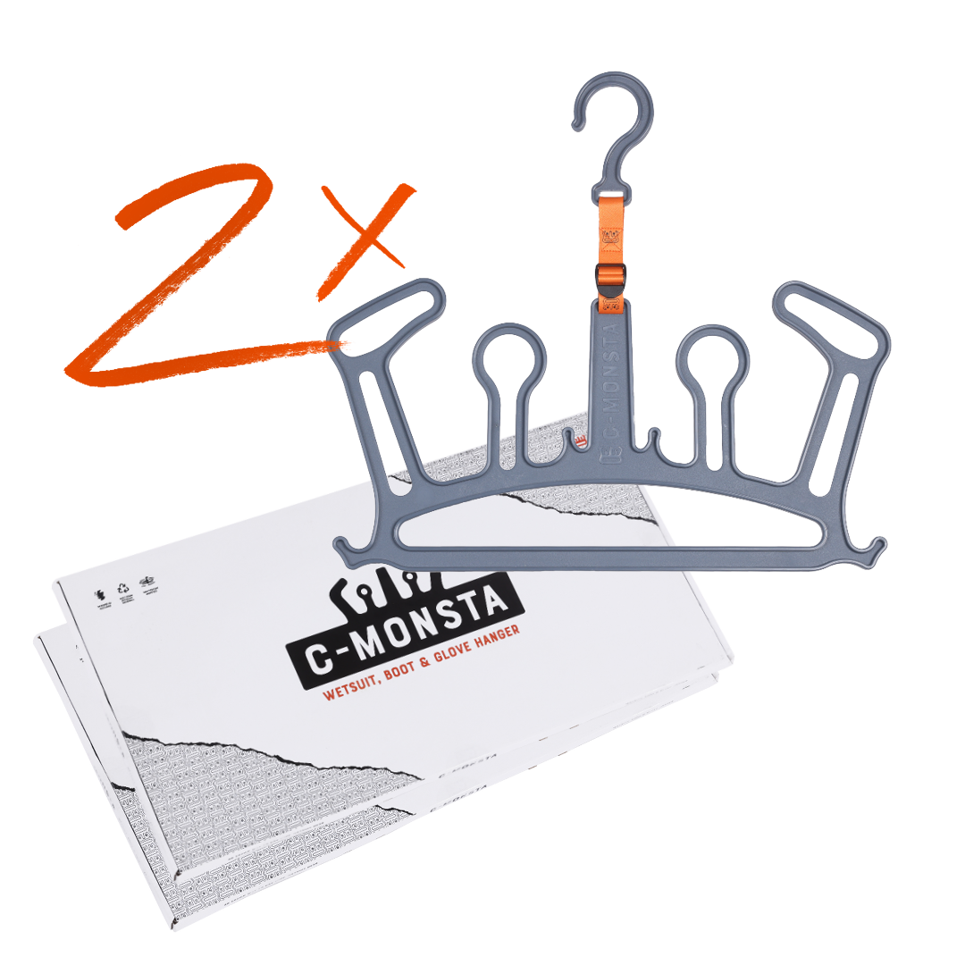 C-Monsta 2x grey structured wetsuit hangers – double pack with product box on white background
