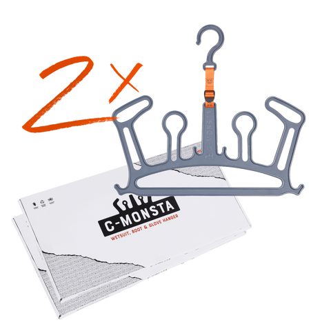 C-Monsta 2x grey structured wetsuit hangers – double pack with product box on white background