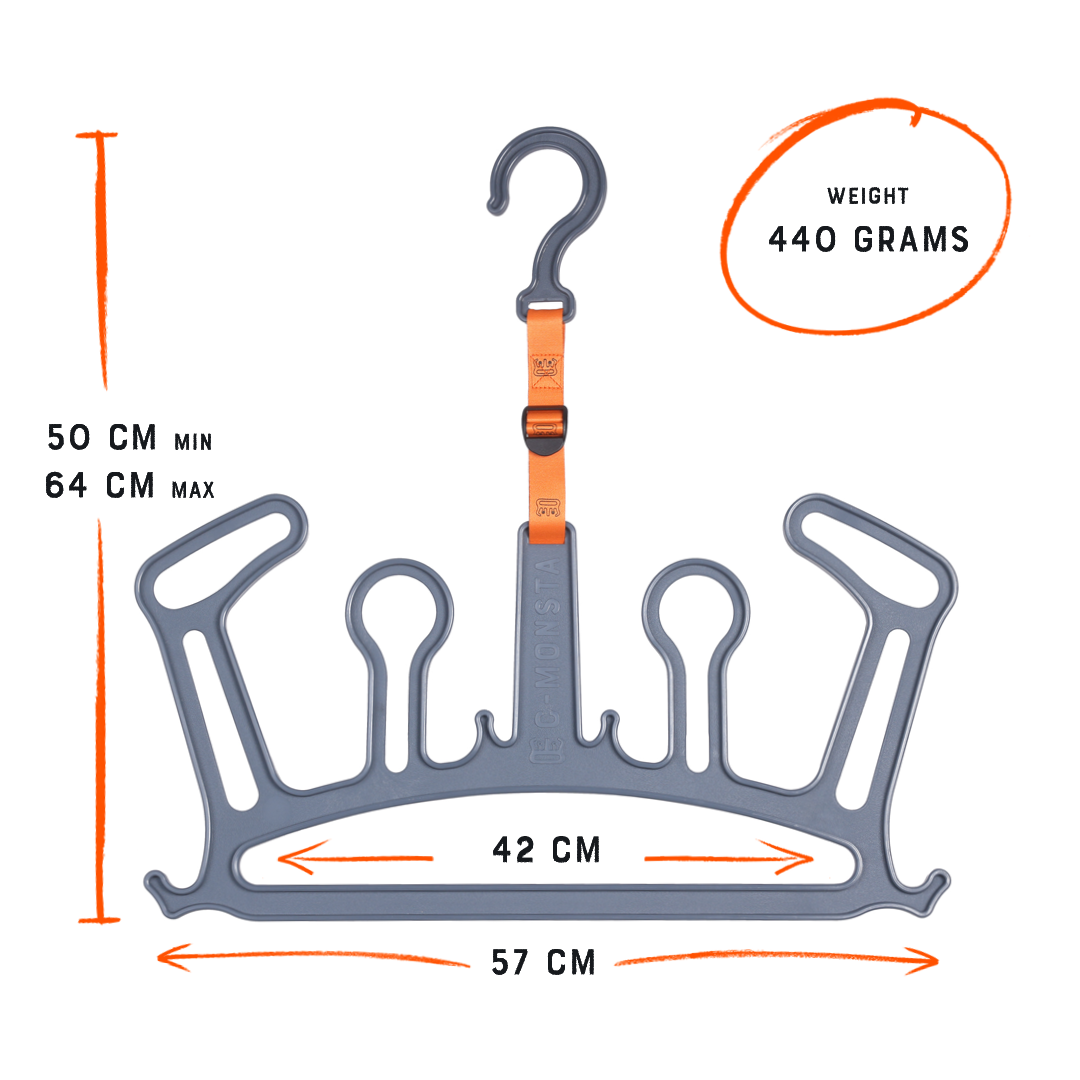 C-Monsta grey structured wetsuit hanger – size guide showing 42cm / 57cm width and 440g weight