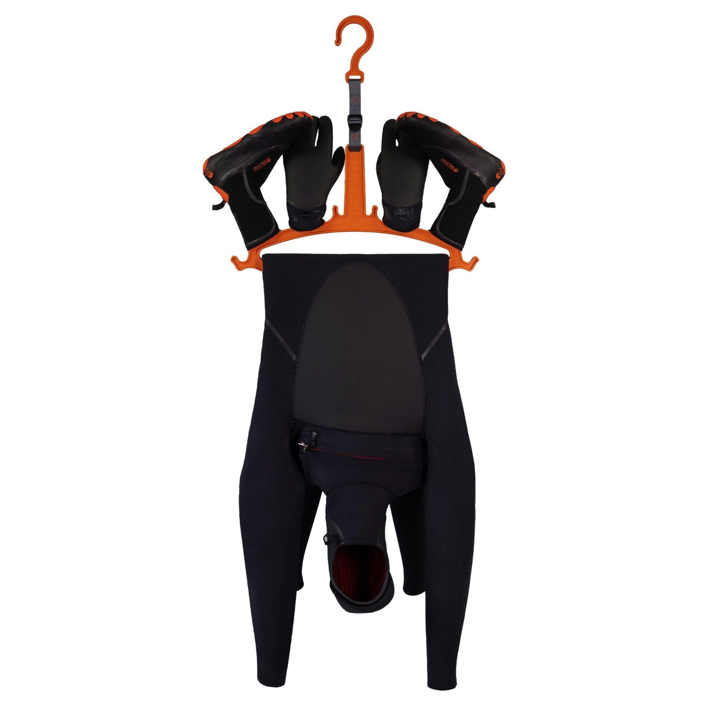 C-Monsta orange wetsuit hanger in use – full wetsuit with gloves hanging from tree on sandy beach