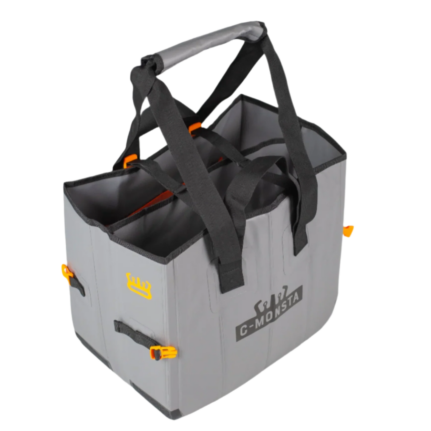 C-Monsta mini split bag – angled product shot showing open top, waterproof grey body and orange hardware