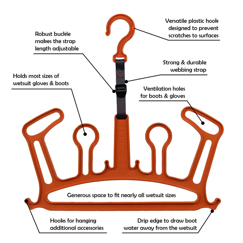 C-Monsta orange structured wetsuit hanger – annotated feature diagram showing hook, strap, ventilation holes and accessory hooks