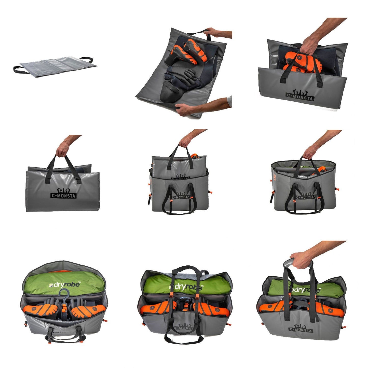 C-Monsta split bag – step-by-step packing guide showing how to organise wetsuit and surf gear