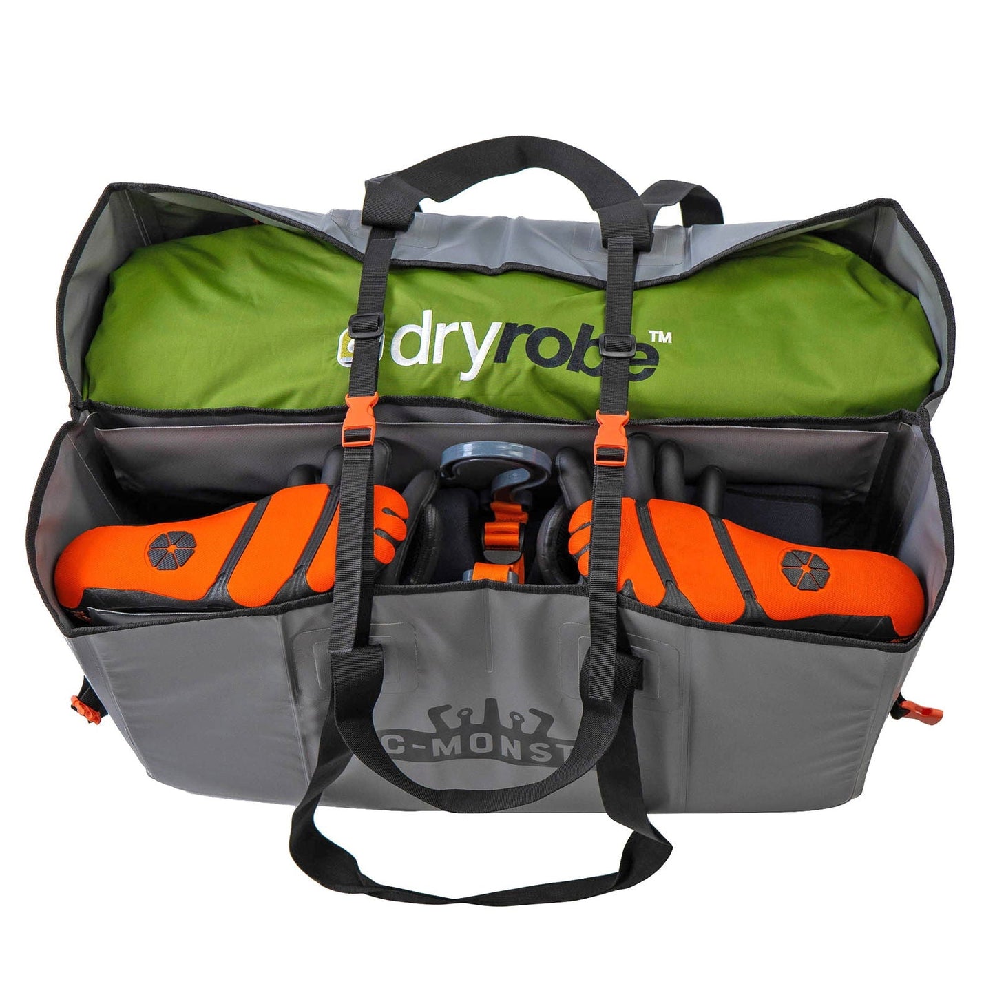 C-Monsta split bag – fully loaded with dryrobe in wet compartment and surf gear in dry compartment