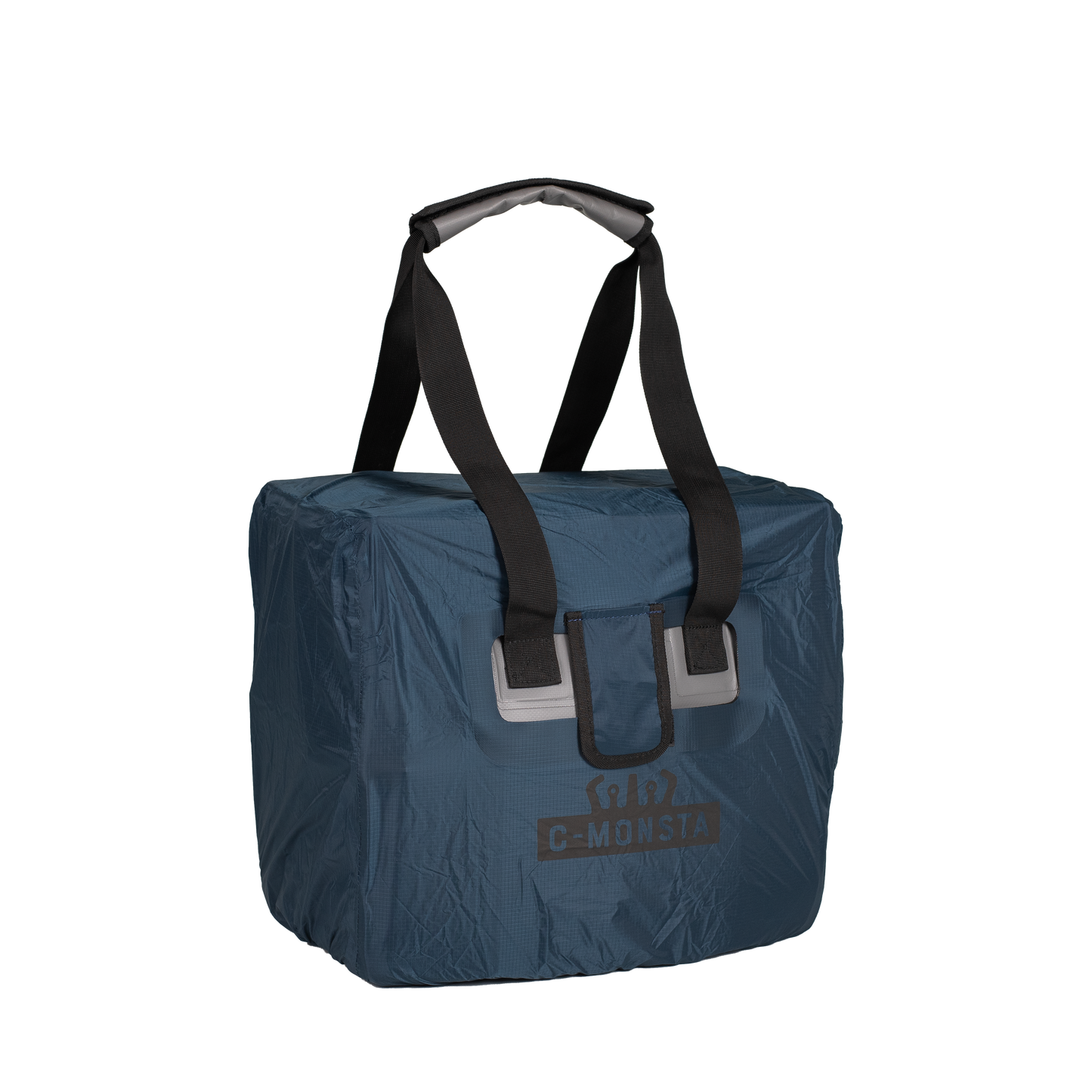 C-Monsta rain cover for mini split bag in Storm Blue – angled view showing bag shape